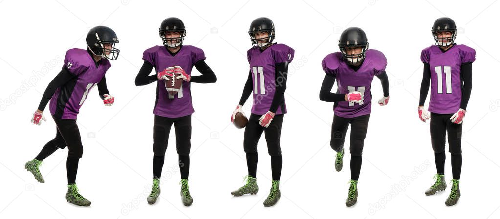 Set of American football player in uniform with ball on white background