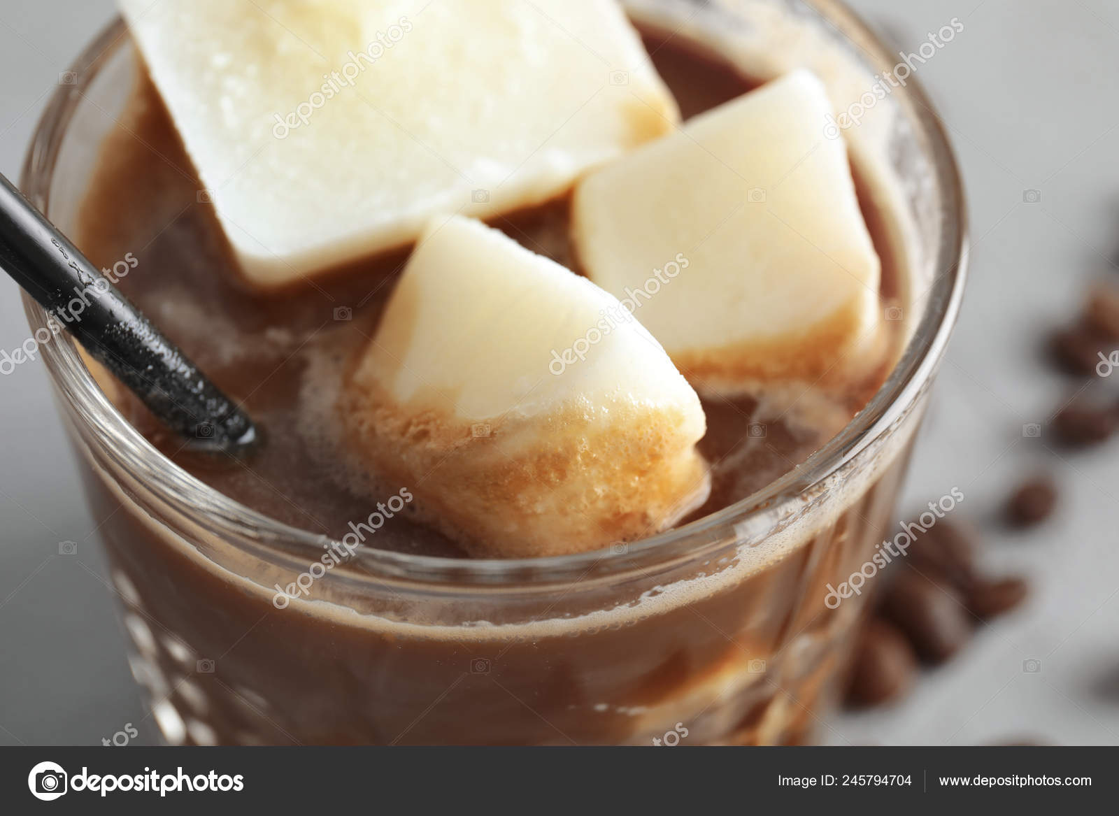 Coffee Drink Milk Ice Cubes Grey Background Closeup Stock Photo by