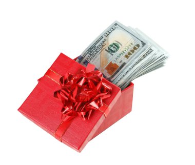 Hediye kutusu beyaz arka plan üzerinde doları banknot ile