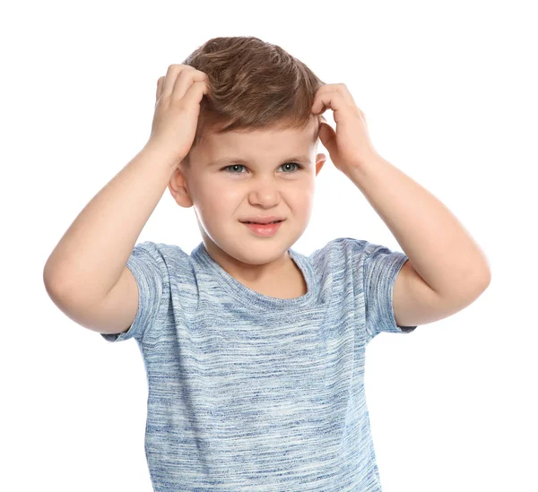 Niño Pequeño Arañando Cabeza Sobre Fondo Blanco Picor Molesto —  Fotos de Stock