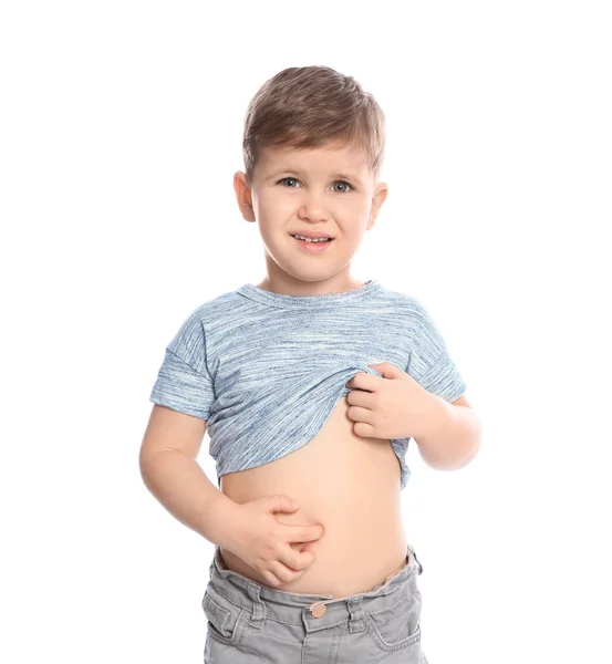 Niño Pequeño Rasguñando Vientre Sobre Fondo Blanco Picor Molesto — Foto de Stock