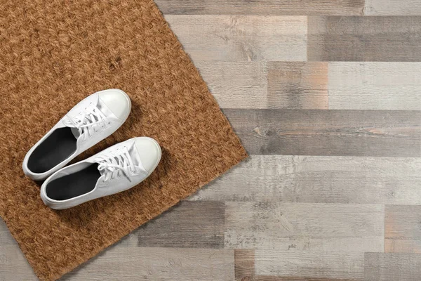 New Clean Doormat Shoes Floor Top View Space Text — Stock Photo, Image