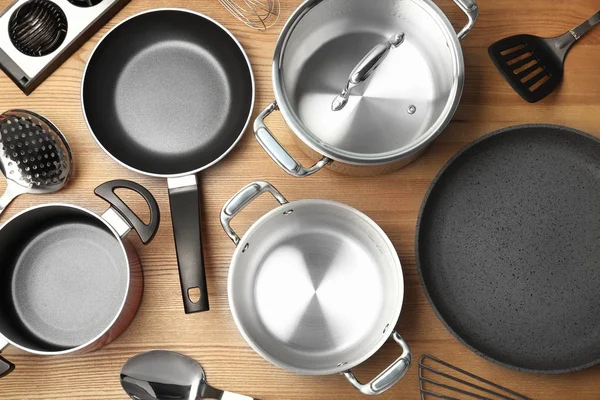 Flat Lay Composition Clean Cookware Wooden Background — Stock Photo, Image