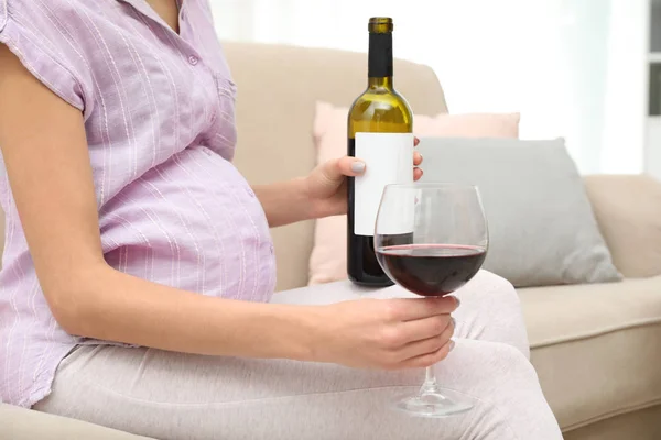 Future Mother Glass Bottle Wine Indoors Closeup Alcohol Abuse Pregnancy — Stock Photo, Image