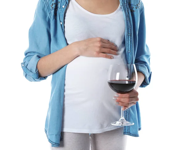 Future Mère Avec Verre Vin Sur Fond Blanc Gros Plan — Photo