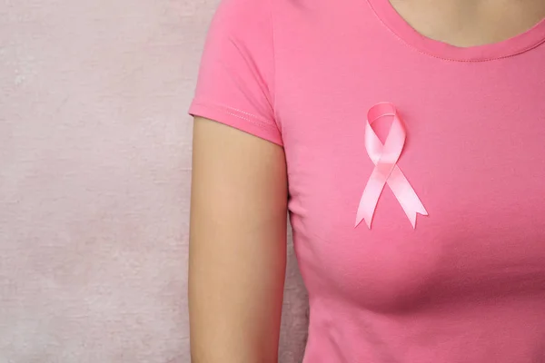 Woman Pink Ribbon Color Background Space Text Breast Cancer Awareness — Stock Photo, Image