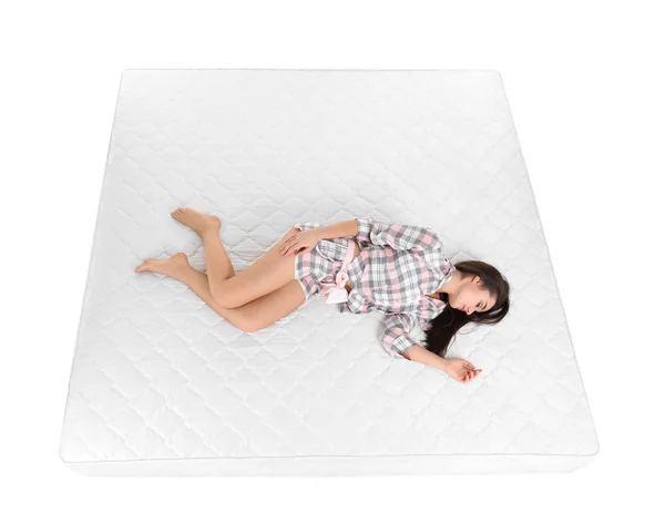 Jeune Femme Dormant Sur Matelas Sur Fond Blanc Vue Dessus — Photo