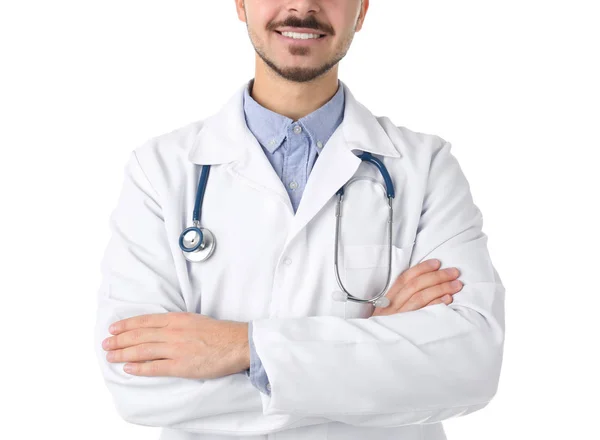 白い背景の上の制服を着た若い医学生 — ストック写真