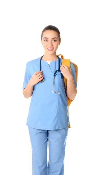 Jeune Étudiant Médecine Avec Sac Dos Sur Fond Blanc — Photo