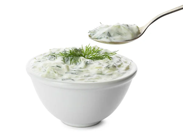 Spoon Bowl Cucumber Sauce White Background Traditional Tzatziki — Stock Photo, Image