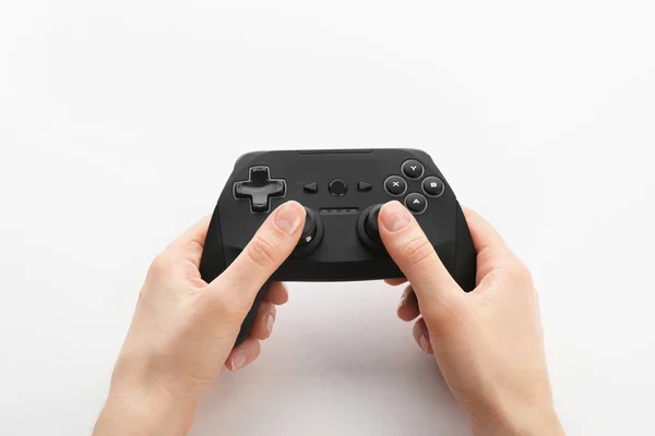 Young Woman Holding Video Game Controller White Background Closeup — Stock Photo, Image