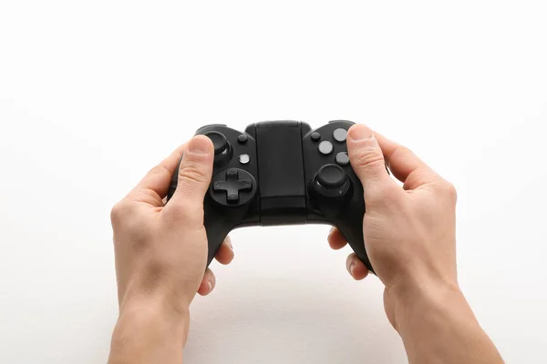 Jovem Segurando Controlador Jogo Vídeo Fundo Branco Close — Fotografia de Stock