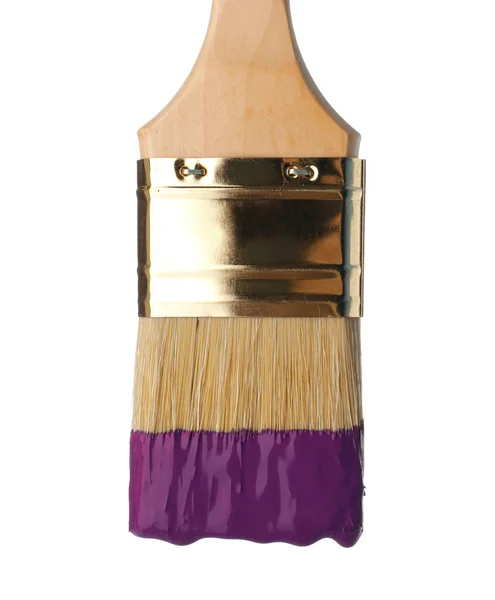 Pincel Con Pintura Púrpura Sobre Fondo Blanco Primer Plano — Foto de Stock