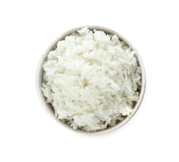 Tigela Arroz Cozido Fundo Branco Vista Superior — Fotografia de Stock