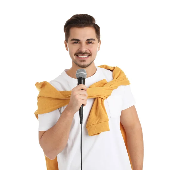 Jovem Homem Bonito Roupas Casuais Posando Com Microfone Fundo Branco — Fotografia de Stock