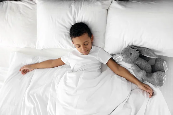 Carino Piccolo Afro Americano Ragazzo Con Giocattolo Coniglio Dormire Letto — Foto Stock