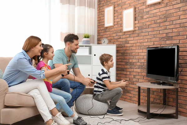 Happy Family Playing Video Games Living Room — Stock Photo, Image