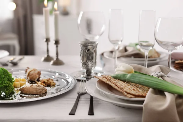 Festive Passover Table Setting Home Pesach Celebration — Stock Photo, Image