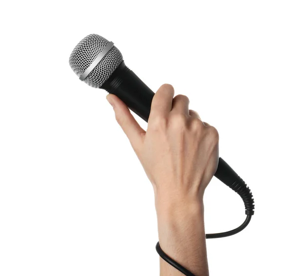 Vrouw Met Dynamische Microfoon Witte Achtergrond Close — Stockfoto