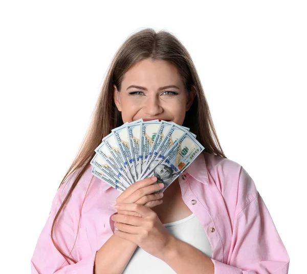 白い背景の上のお金を持つ若い女性 — ストック写真