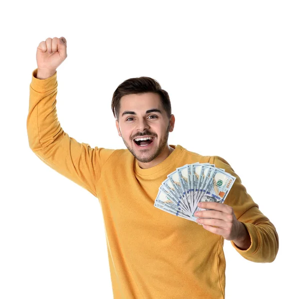 Porträt Eines Glücklichen Jungen Mannes Mit Geld Auf Weißem Hintergrund — Stockfoto