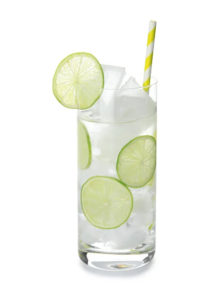 Drink Med Lime Och Isbitar Isolerade Vitt Glas — Stockfoto