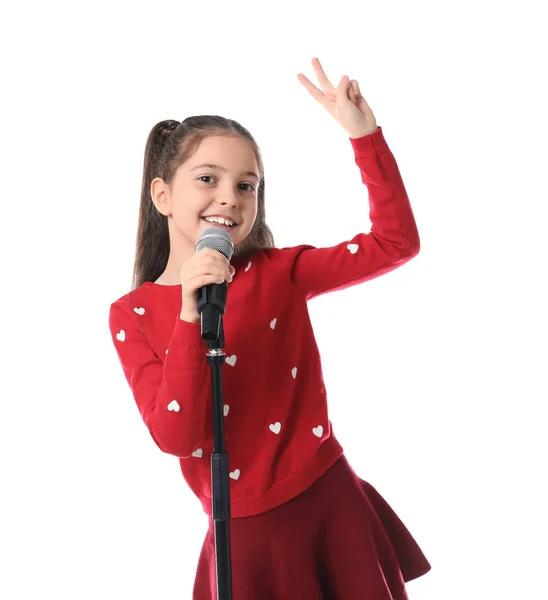 Маленькая Девочка Поет Микрофон Белом Фоне — стоковое фото