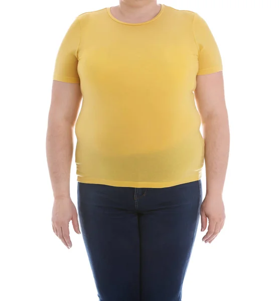 Overgewicht Vrouw Witte Achtergrond Close Verlies Van Het Gewicht — Stockfoto