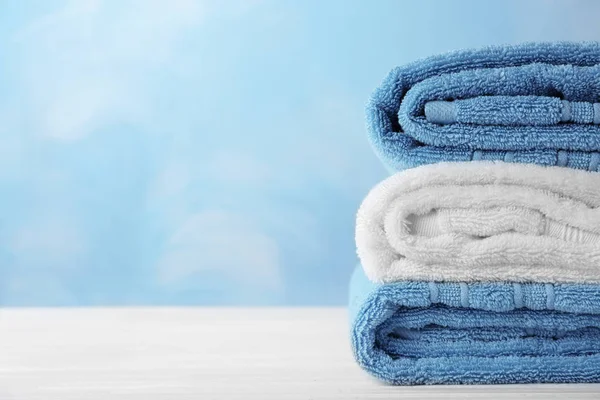 Stack Soft Bath Towels Table Space Text — Stock Photo, Image