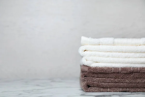 Stack Soft Bath Towels Table Space Text — Stock Photo, Image