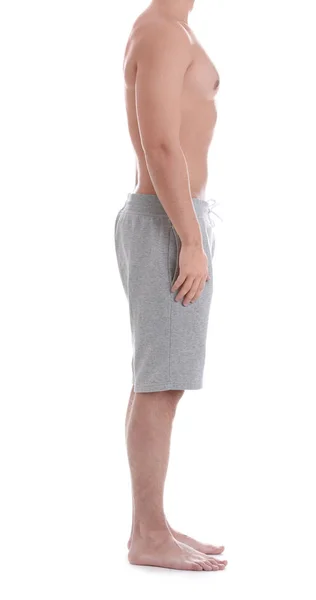 Junger Athletischer Mann Auf Weißem Hintergrund Nahaufnahme Gewichtsverlust — Stockfoto