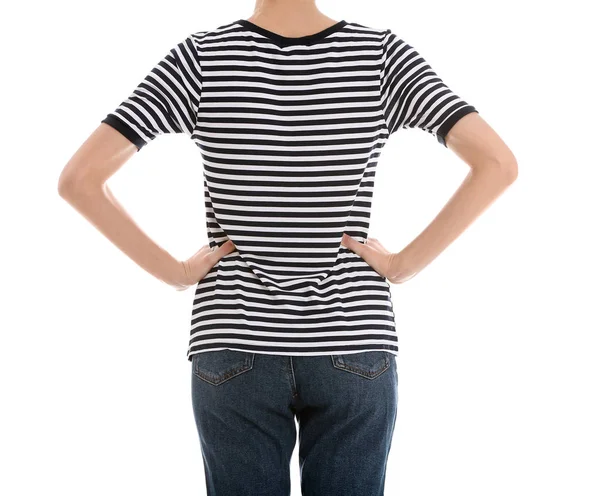 Jonge Slanke Vrouw Witte Achtergrond Close Verlies Van Het Gewicht — Stockfoto