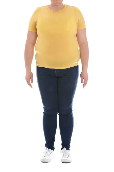 クローズ アップ ホワイト バック グラウンド上の肥満女性 体重減少 — ストック写真