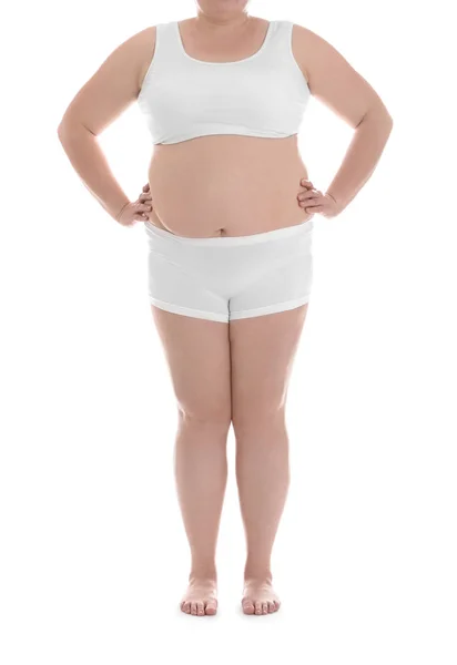 Υπέρβαρη Γυναίκα Άσπρο Φόντο Κινηματογράφηση Πρώτο Πλάνο Απώλεια Βάρους — Φωτογραφία Αρχείου