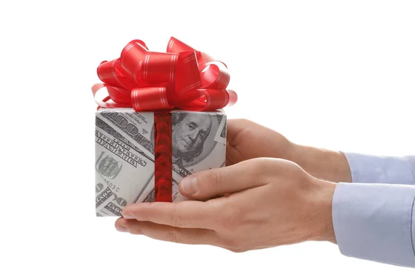 Man Holding Gift Box Wrapped Decorative Paper Dollar Pattern White — Stock Photo, Image