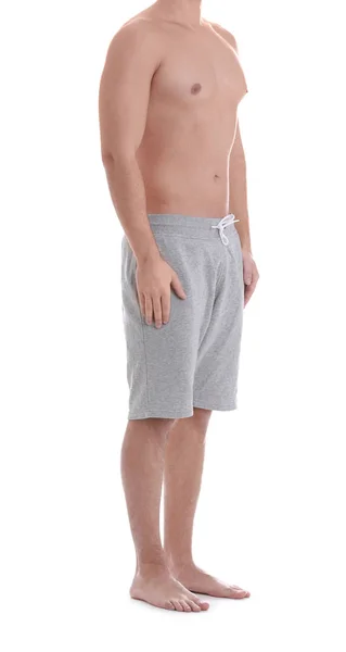 Junger Athletischer Mann Auf Weißem Hintergrund Nahaufnahme Gewichtsverlust — Stockfoto