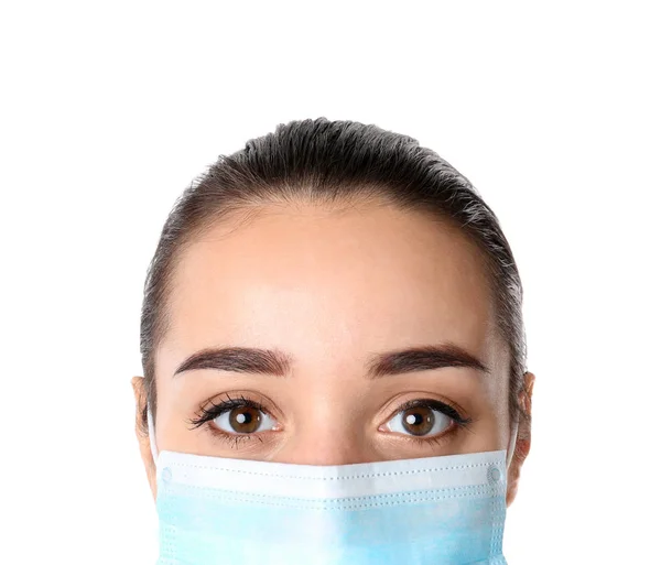 白い背景に クローズ アップのフェイス マスクで若い医学生 ストックフォト