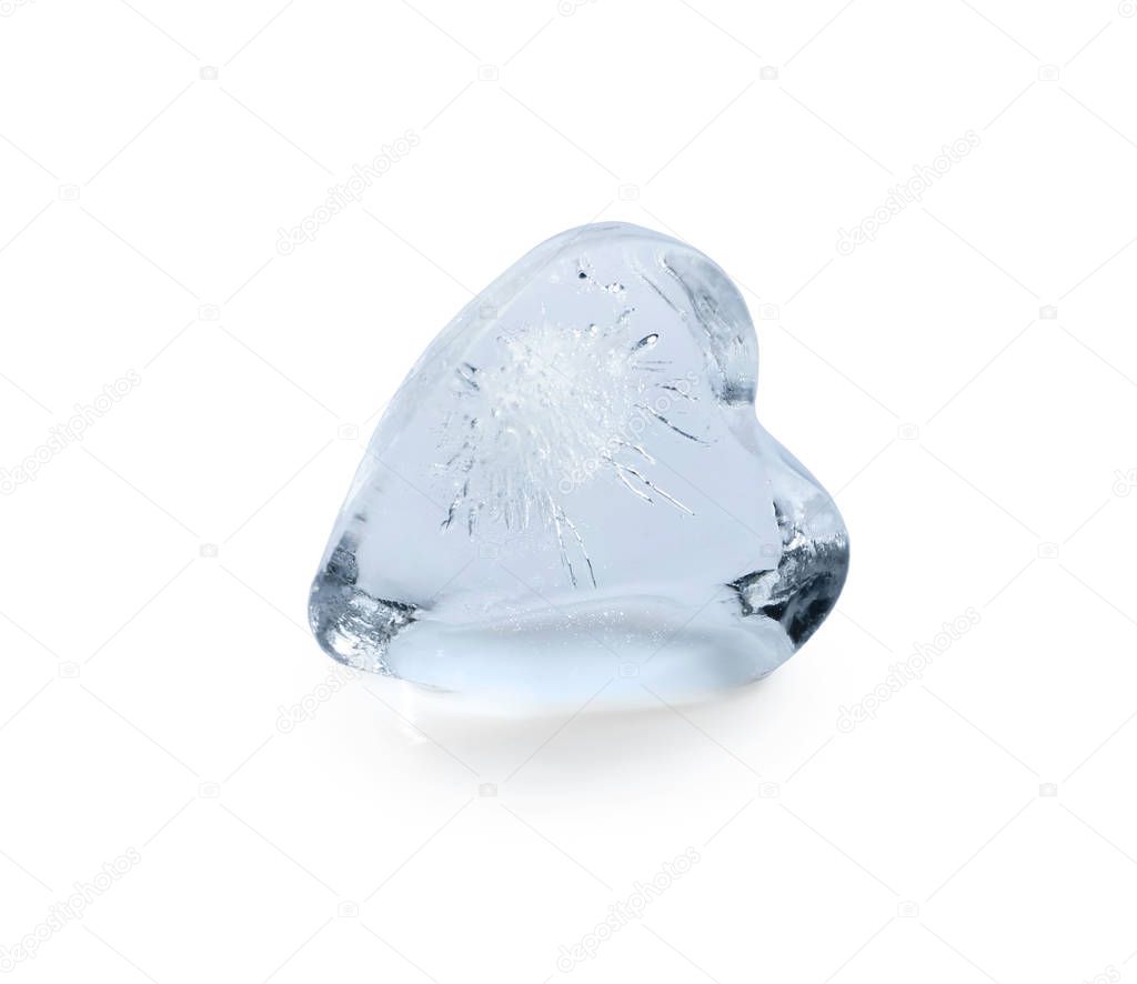 Heart shaped ice cube on white background