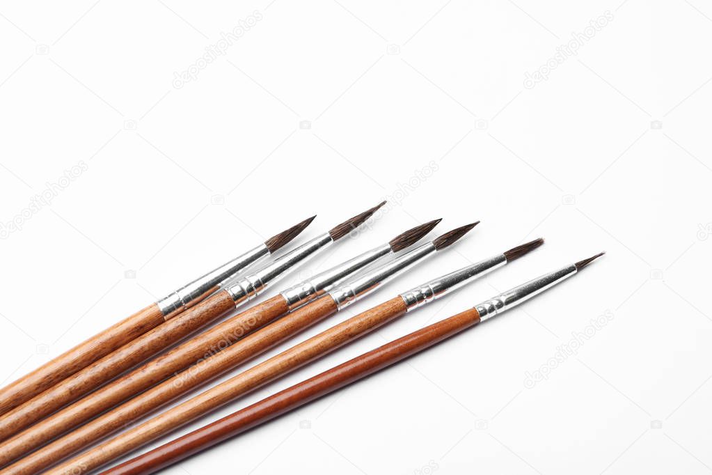 Different paint brushes on white background, top view