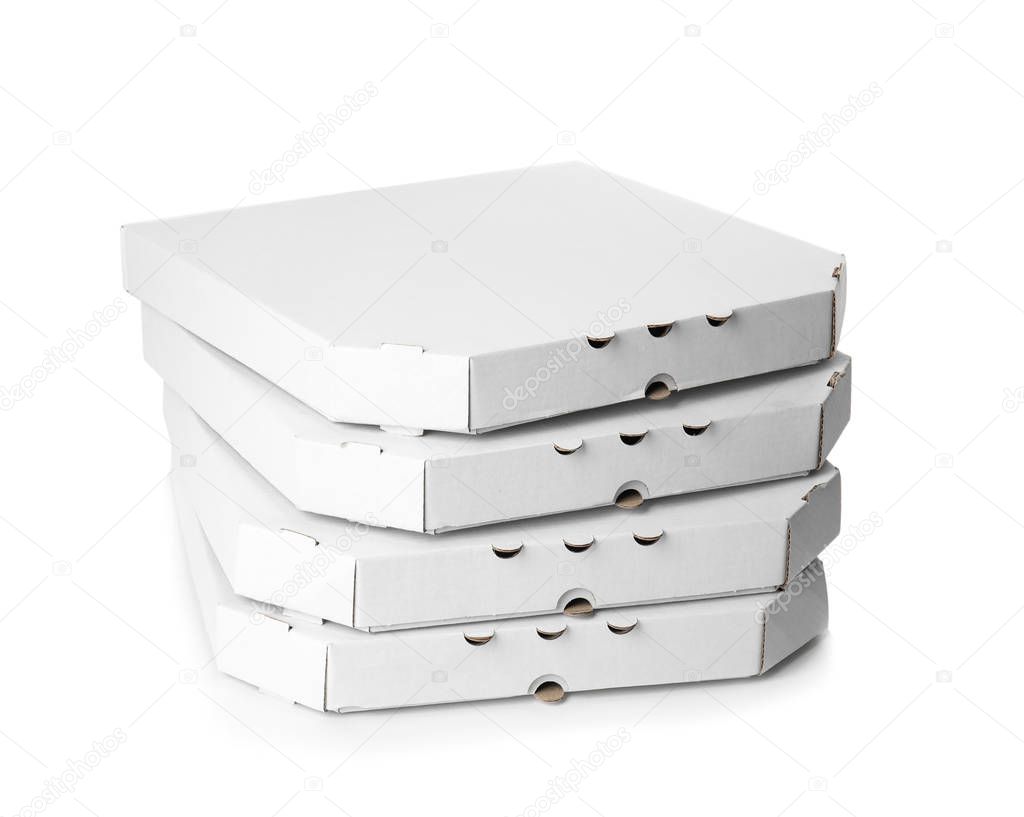 Pizza boxes isolated on white. Food delivery