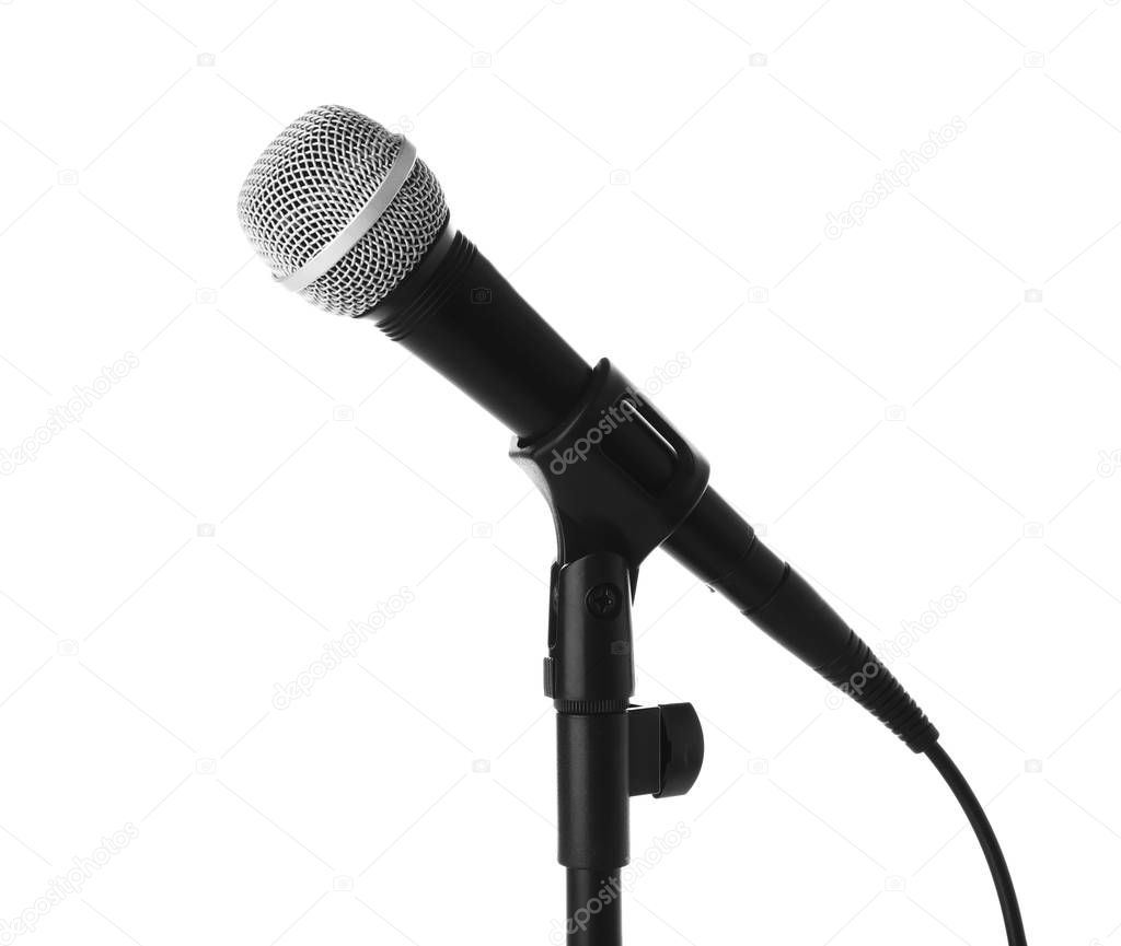 Dynamic microphone on white background. Professional audio equipment