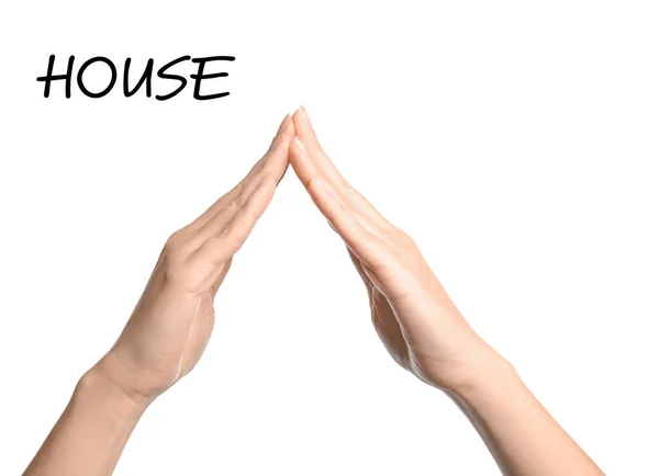 Woman Showing Word House White Background Closeup Sign Language — Stock Photo, Image