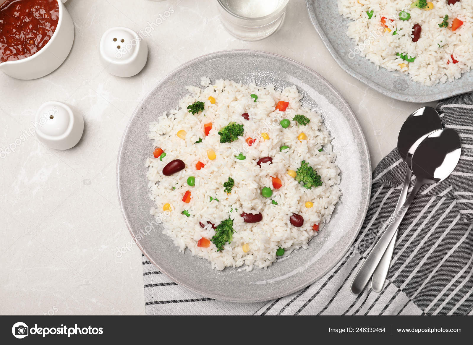 Boiled Rice Vegetables Served Table Flat Lay Stock Photo by ©NewAfrica