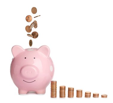 Kumbara beyaz zemin üzerine düşen para