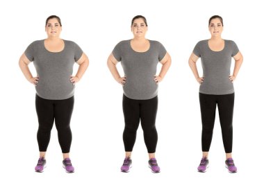 Kilolu kadın önce ve sonra beyaz arka plan üzerinde kilo kaybı