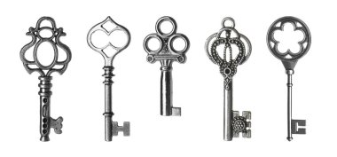 Beyaz arka plan üzerinde çelik vintage süslü anahtarları