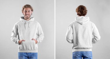 Açık renkli, ön ve arka sayısı boş hoodie süveterli adam. Sahte için tasarım