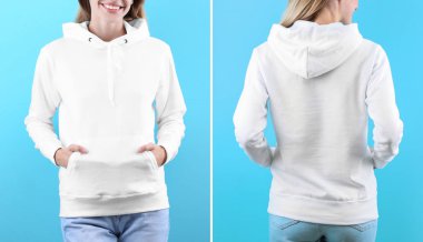 Renk arka plan, closeup üzerinde boş hoodie kazaklı kadın. Sahte için tasarım