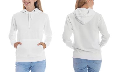 Beyaz arka planda, closeup boş hoodie kazaklı kadın. Sahte için tasarım
