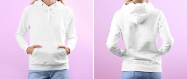 Renk arka plan, closeup üzerinde boş hoodie kazaklı kadın. Sahte için tasarım